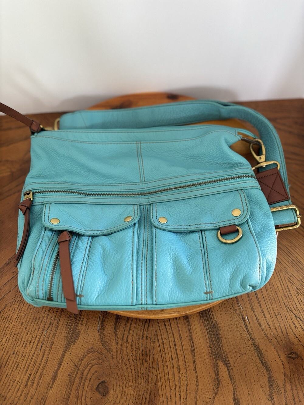 Fossil Turquoise Blue Pebbled Shoulder Bag Purse Adjustable Crossbody Strap